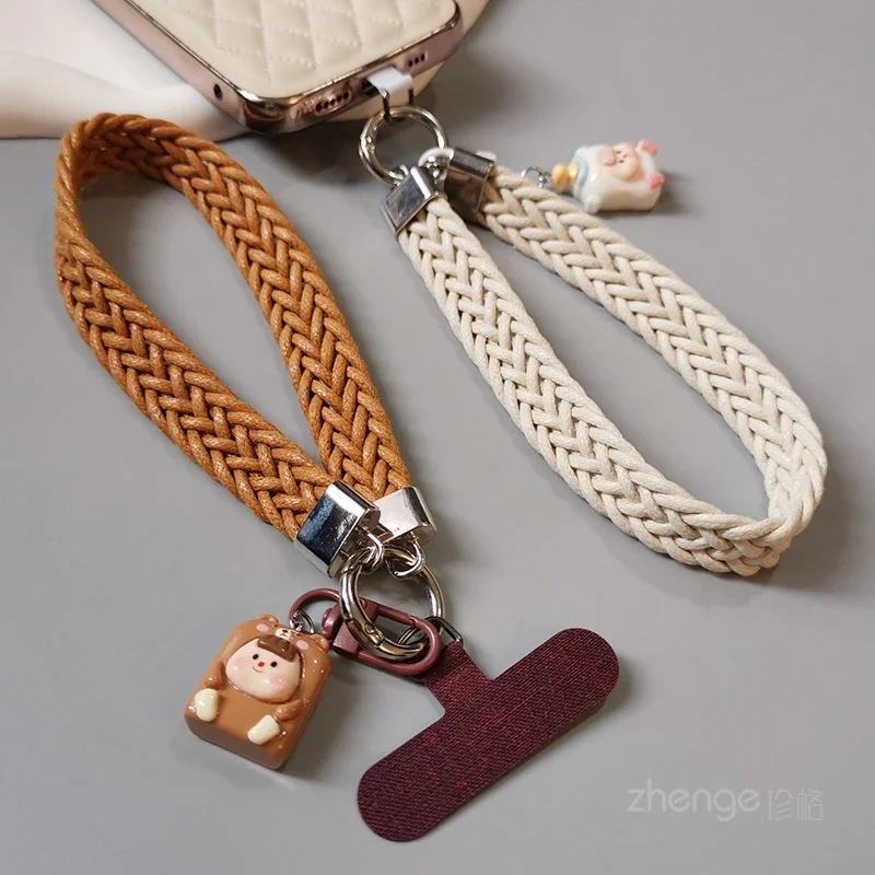 Mobile Phone Lanyard Short Wrist Double Spliced Ponytail Braided Hanging Chain Phone Case Anti Loss Hanging Rope Cartoon Pendant