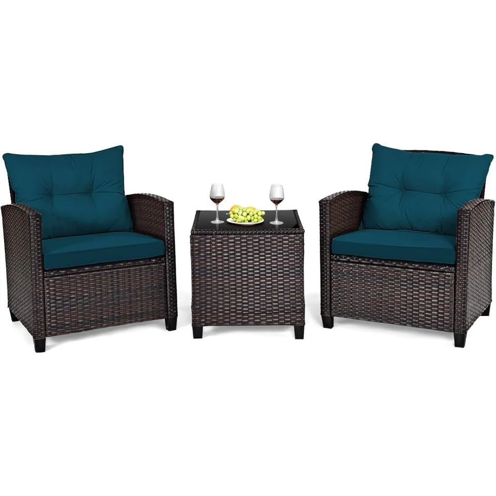 

3-piece terrace furniture set, PE rattan 3-piece outdoor sofa with washable cushions and tempered glass tabletop
