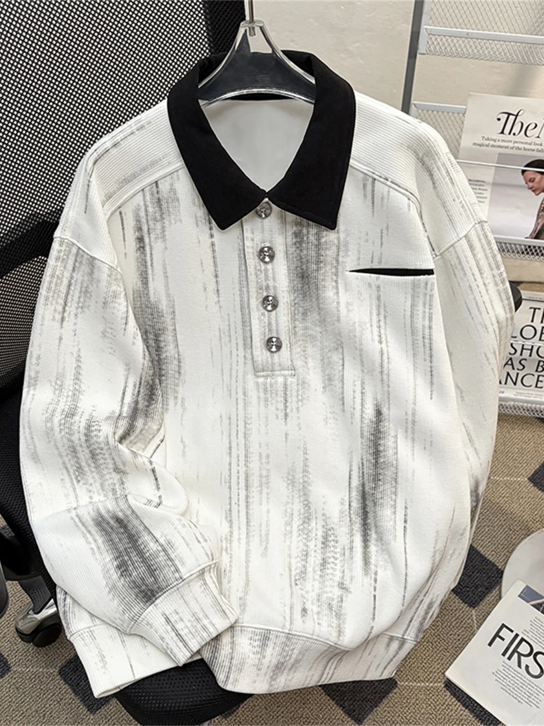 American Vintage Washed Texture  Neck Sweatshirt Men Autumn Winter Shoulder Drop Neutral Style Commuting Top