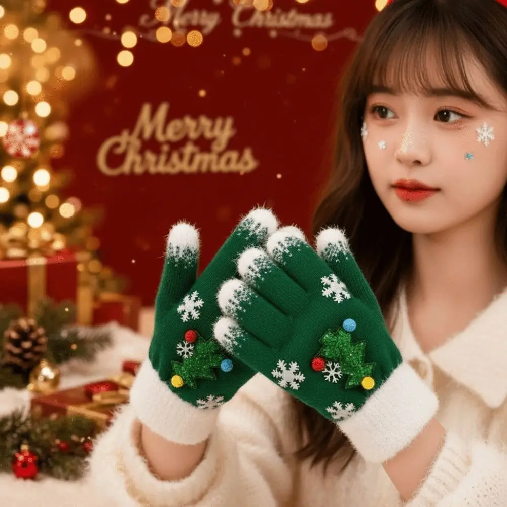 Red Green Christmas Gloves Cuff Knitted Woolen Winter Knit Mittens High Quality Soft Texture Full Finger Gloves Daily Commute