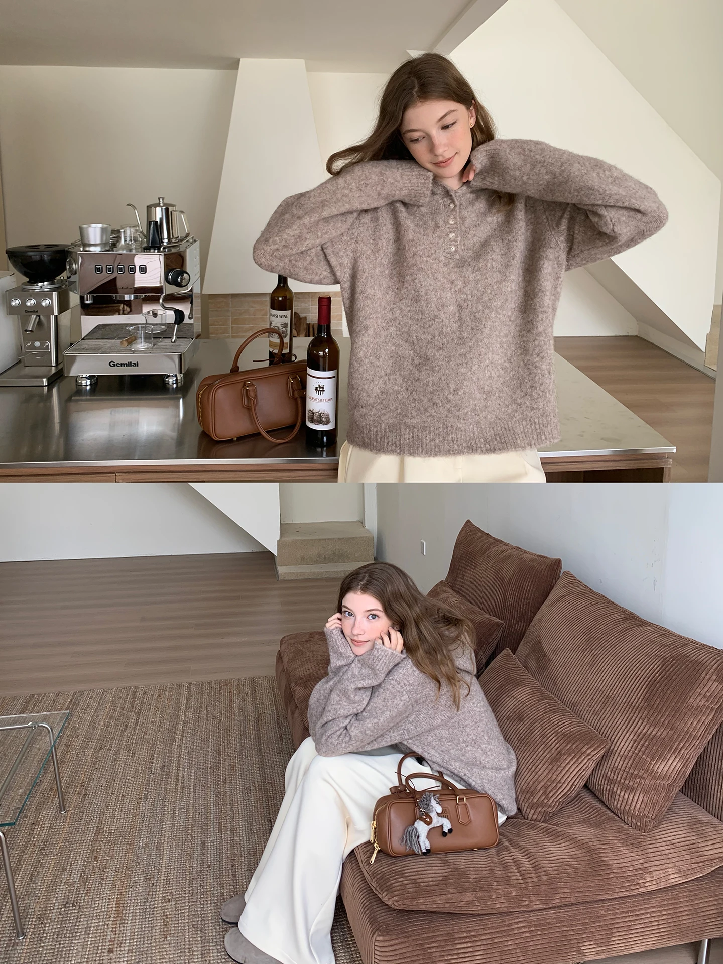 

Вязаный свитер Kernel Cosmos Lazy Autumn Winter Hatl с длинными рукавами и пуговицами, мягкий, с эффектом туманной дымки, цвета груши и каштана, с отворотом