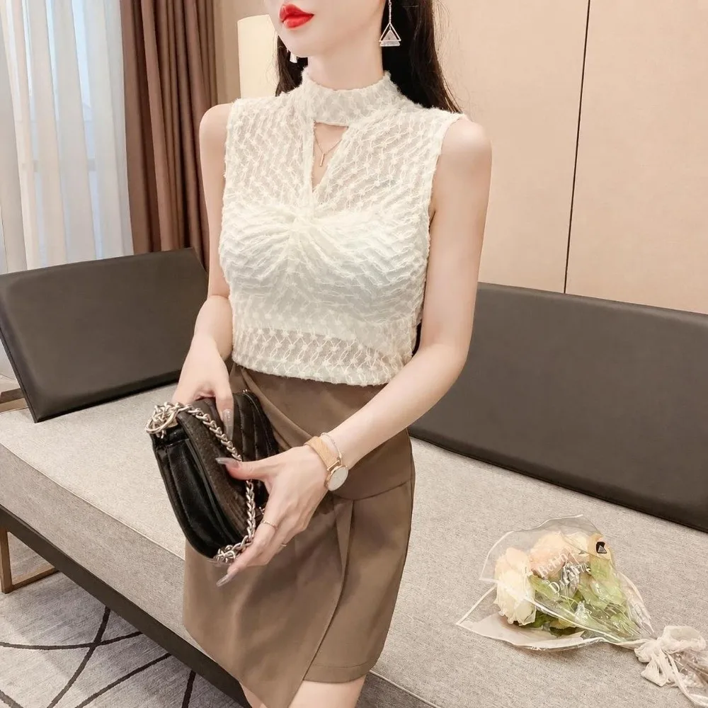 Elegant High Neck Lace Tank Top Sleeveless Slim Fit Twist Front Vest Sheer Mesh Lace Trim Keyhole Neck Top Night Out