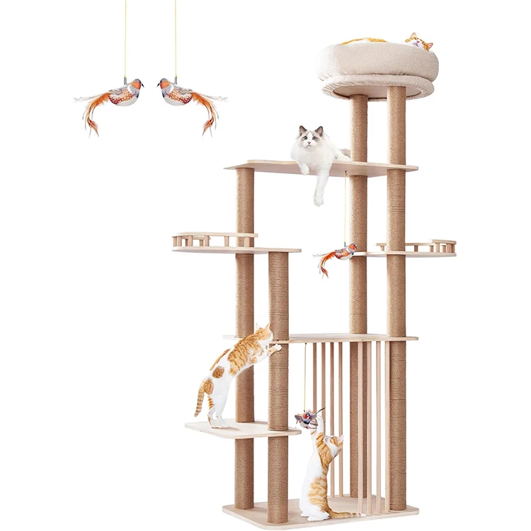 

WDF Modern Pet Perch Solid Wood Durable Large Cat Tree Tower With Toys And Scratcher Post Indoor Furniture Cat Climbing Frame
