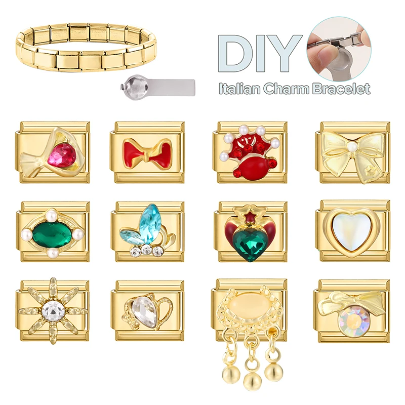 Zircon Green Heart Red Bow Knot Blue Butterfly Gold Color Italian Charm Links Fit 9mm Stainless Steel Bracelet DIY Making Gift