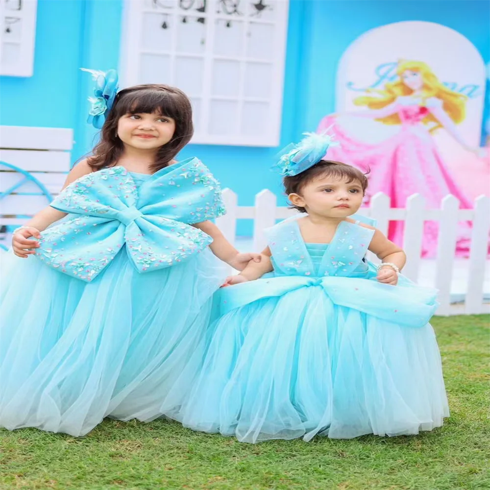 Light Blue Flower Girl Dresses Big Toddler Princesses Children Birthday Costumes Wedding Photography Gown First Communion