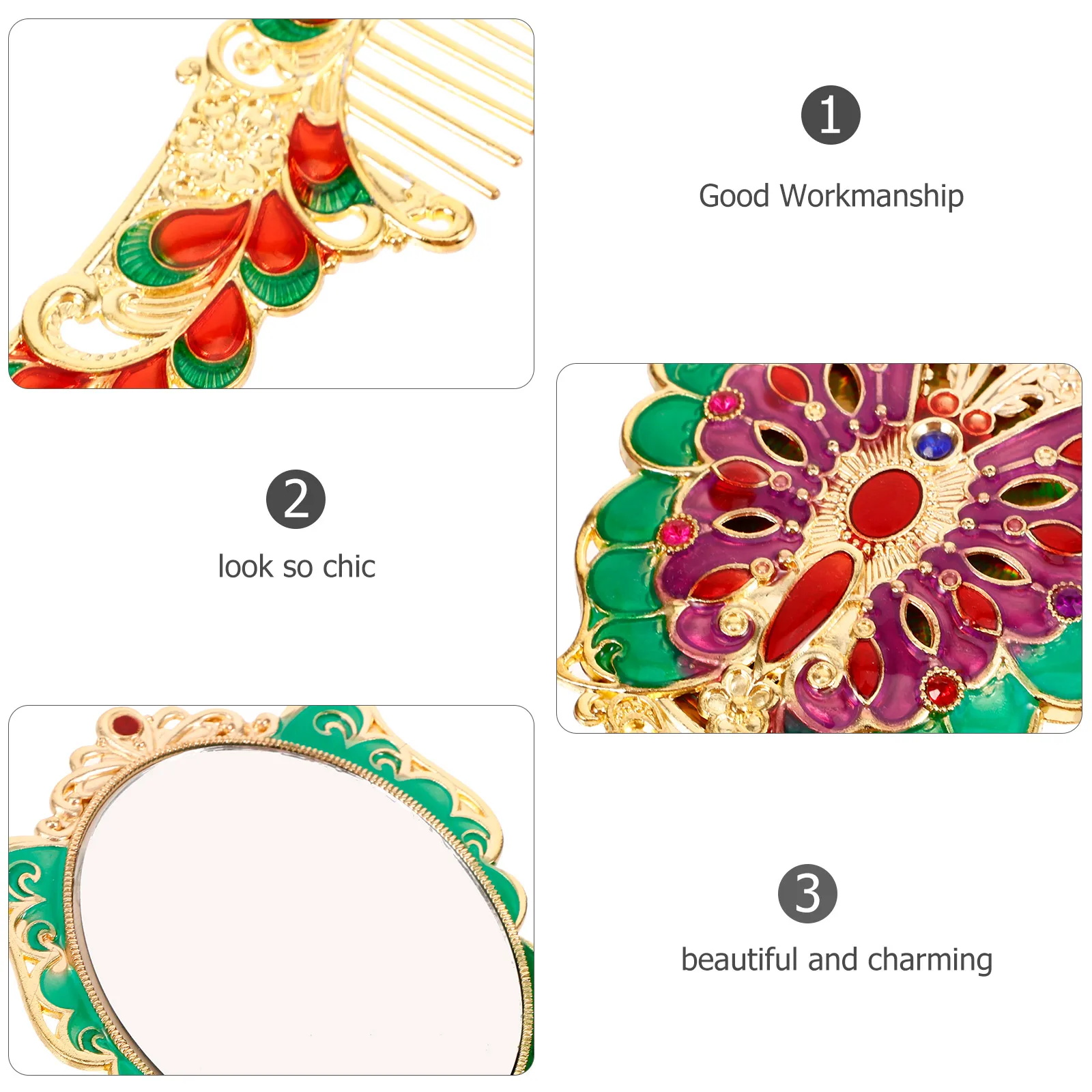 

Deluxe Palace Peacock Mirror Compact Makeup Small Travel Vintage Handheld Metal Mirror Comb Set Unique Gift for Women