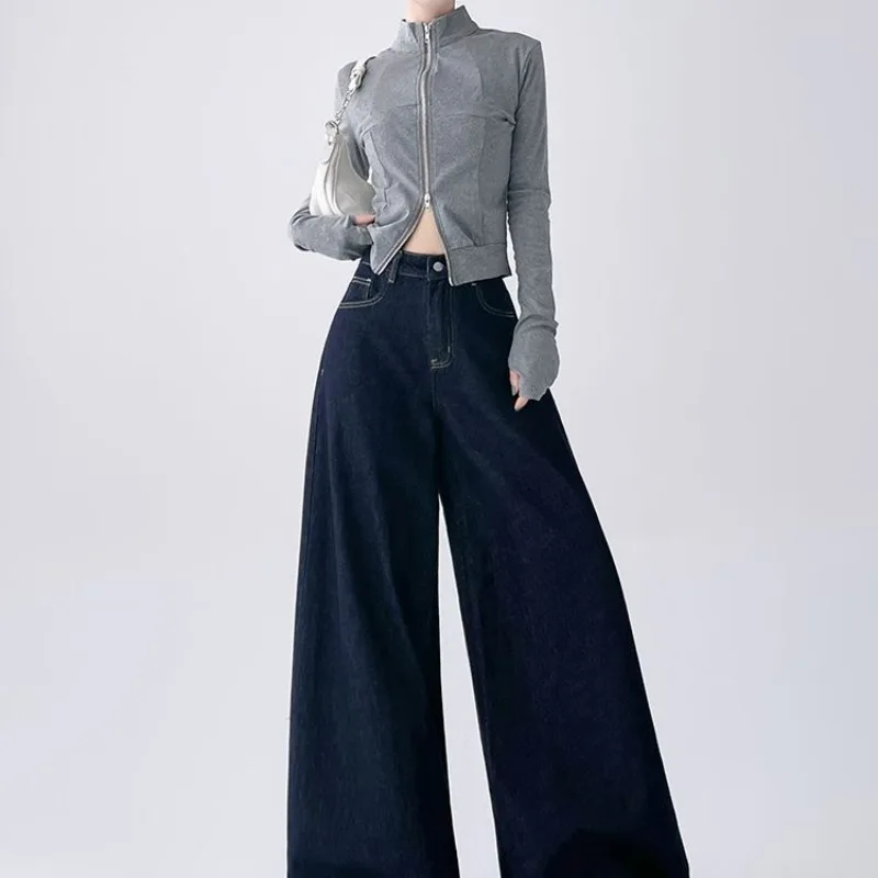 Retro-Hose, dunkelblau, amerikanische Jeans, weite Beine, 2022, neuer Frühling, zum Verstecken von Fleisch, hohe Taille, lockere Wischhose, kleiner, frischer Stil