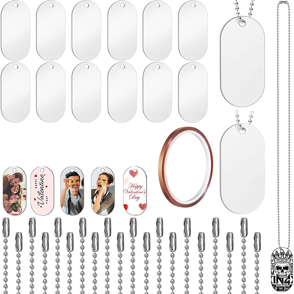 31PCS Sublimation Stamping Tag Necklace Set Aluminum with White Pendants Double Sided Heat Pressed Tape for Personalized Tag