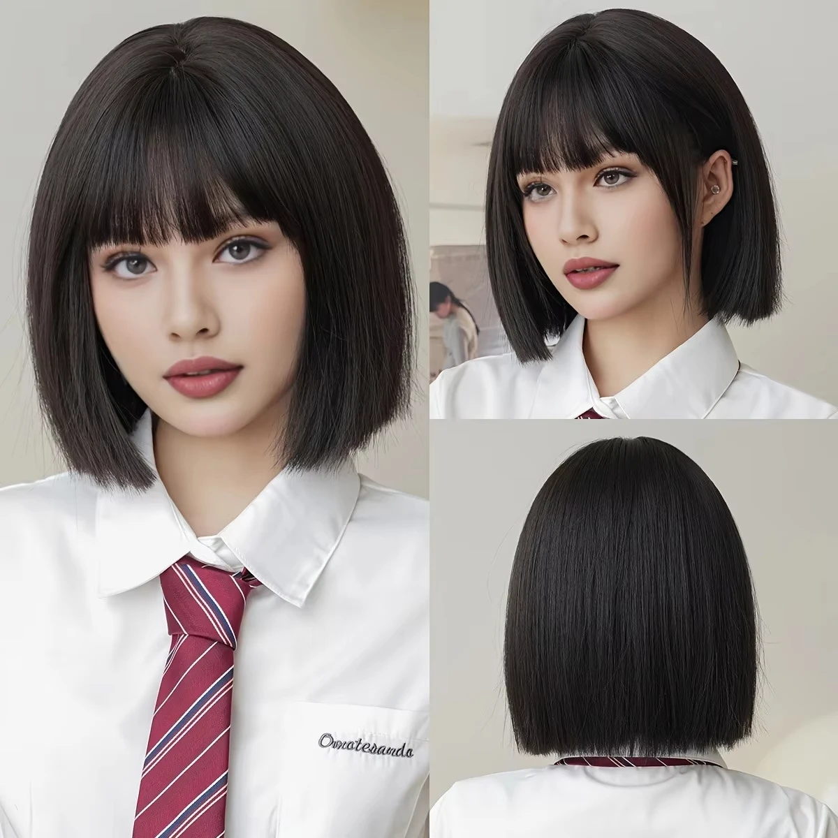 Black fashionable bob hairstyle synthetic wig, Halloween party cosplay role-playing wig, daily wig, hot weather hairpiece set