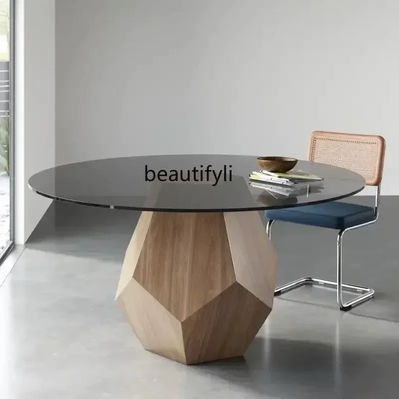 Y183FF cqyItalian minimalist round tempered glass dining table black walnut ash wood simple modern style
