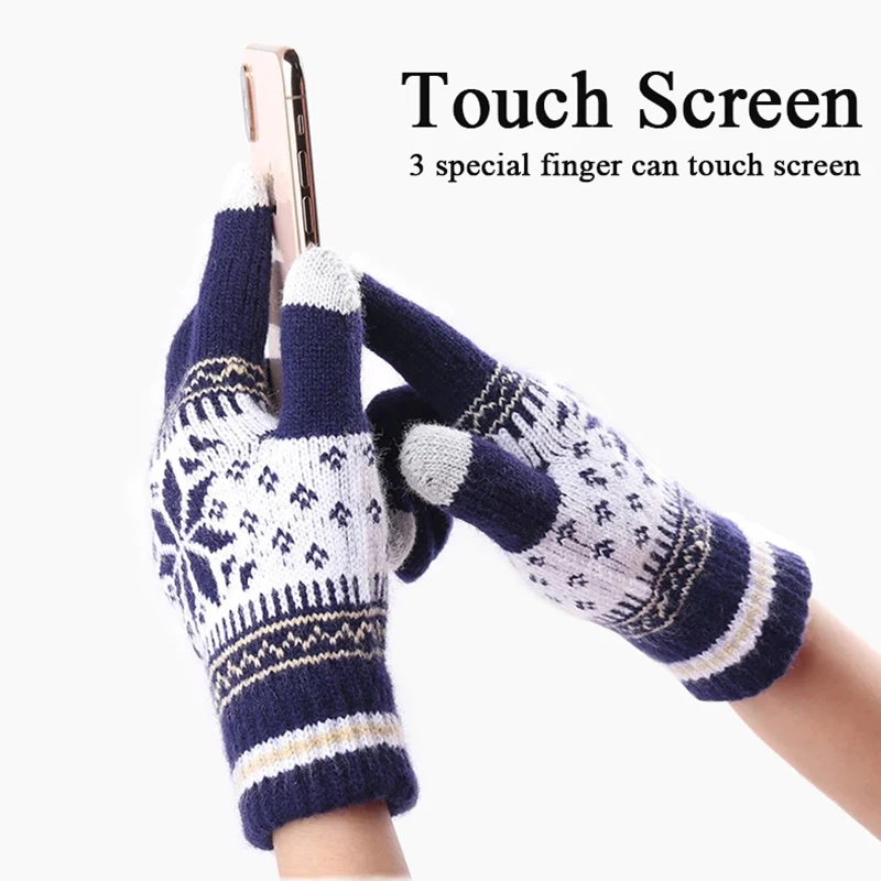 Rimiut Winter Warm Gloves Women Men Stretch Knitted Snowflake Full Finger Guantes Female Thick Mittens Touch Screen