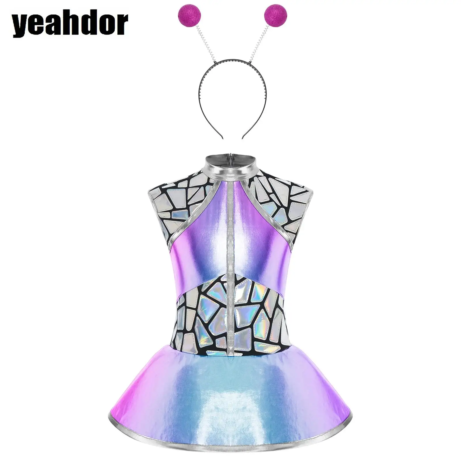 

Girls Shiny Metallic Alien Costume Sleeveless Sequin Gradient Dress with Antennas Hair Hoop Halloween Outer Space Cutie Costume