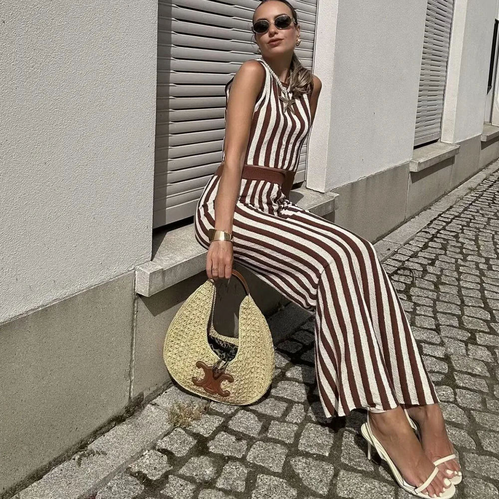 2024 Summer New Fashionable Women\'s Wear Elegant Design with European and American Style Knitted Stripe Top&Pant Set