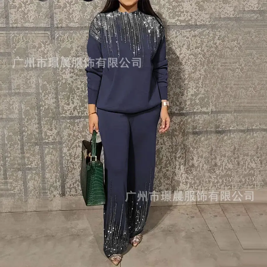 

2025 Spring And Autumn New Casual Sleeve Straight Women's Fashion Hot Diamond Crew Neck Sweater Trousers Two-piece Set