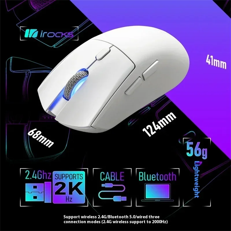 Irocks M49r Gamer Mouse 3 Mode 2.4G Bluetooth Wireless Mouses Lightweight 26000dpi Paw3395 Rgb Office Esports Gaming Mice Gifts