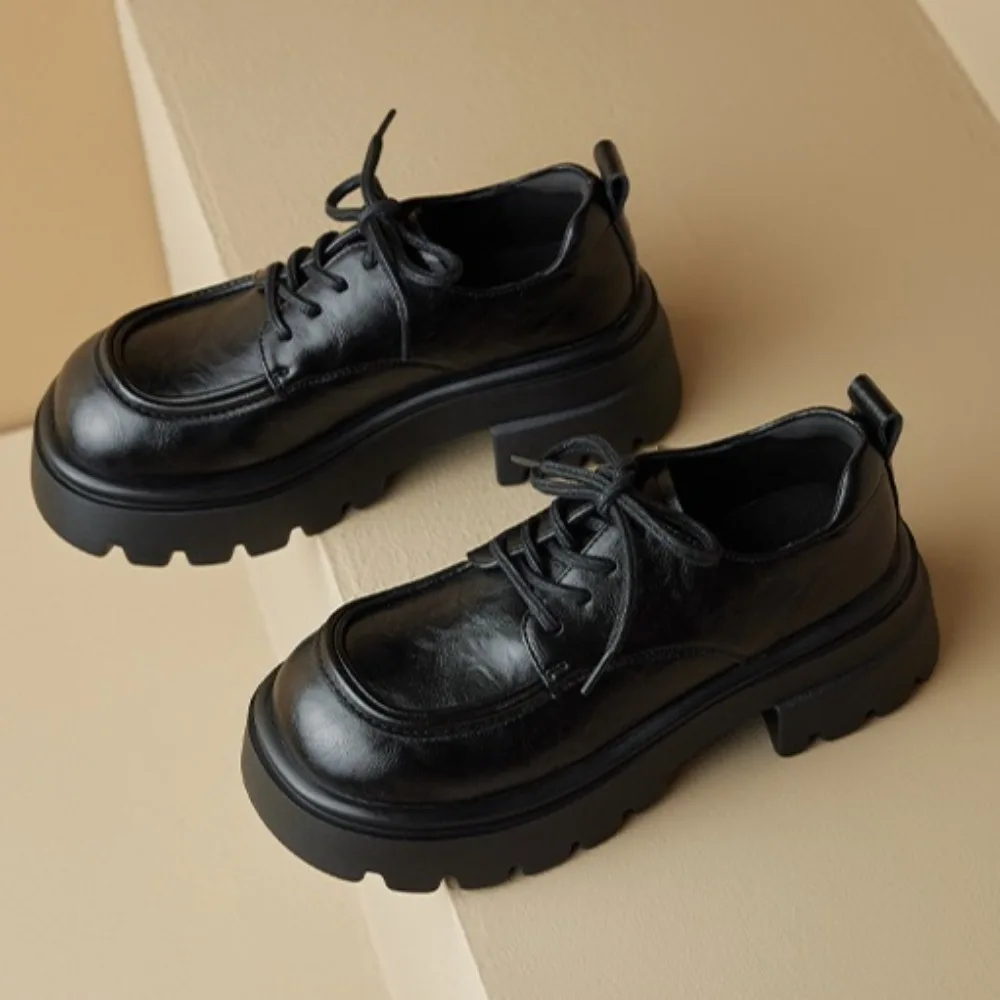 

Women's Leather Shoes Spring and Autumn Retro Lace-up Platform Loafers New Small High-heeled Leather Shoes Women's Pumps