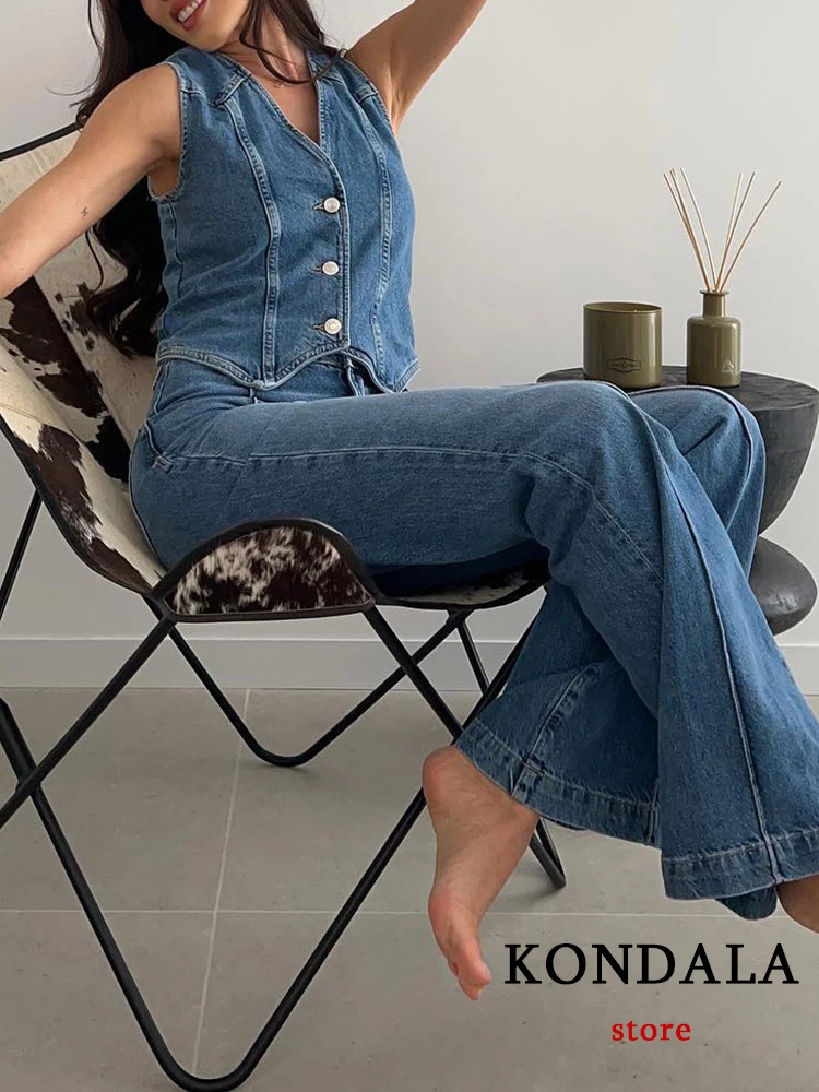 KONDALA Vintage Blue Denim Vest Jackets Women V Neck Single Buttons Sleeveless Jackets Fashion 2023 Summer Streetwear Vest Tops