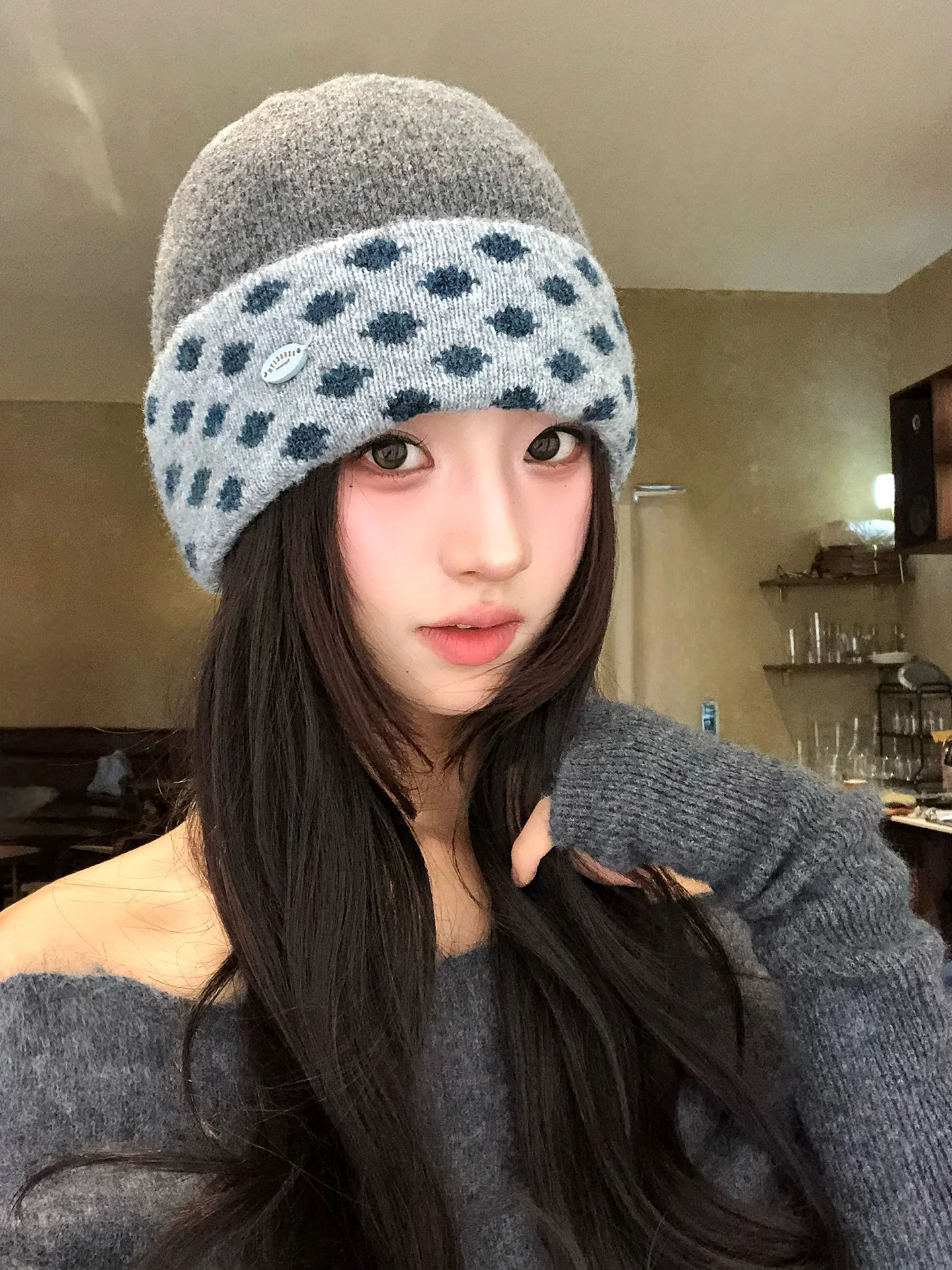 Korean Polka Dot Color Block Knitted Woolen Cap Women's Autumn Winter New Style Warm Ear Protection Versatile Face Slimming Hat