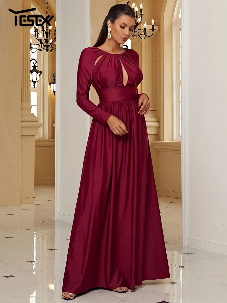 Yesexy Winter Burgundy plisowane wycięcie z długim rękawem eleganckie sukienki Maxi na wieczorową suknię ślubną