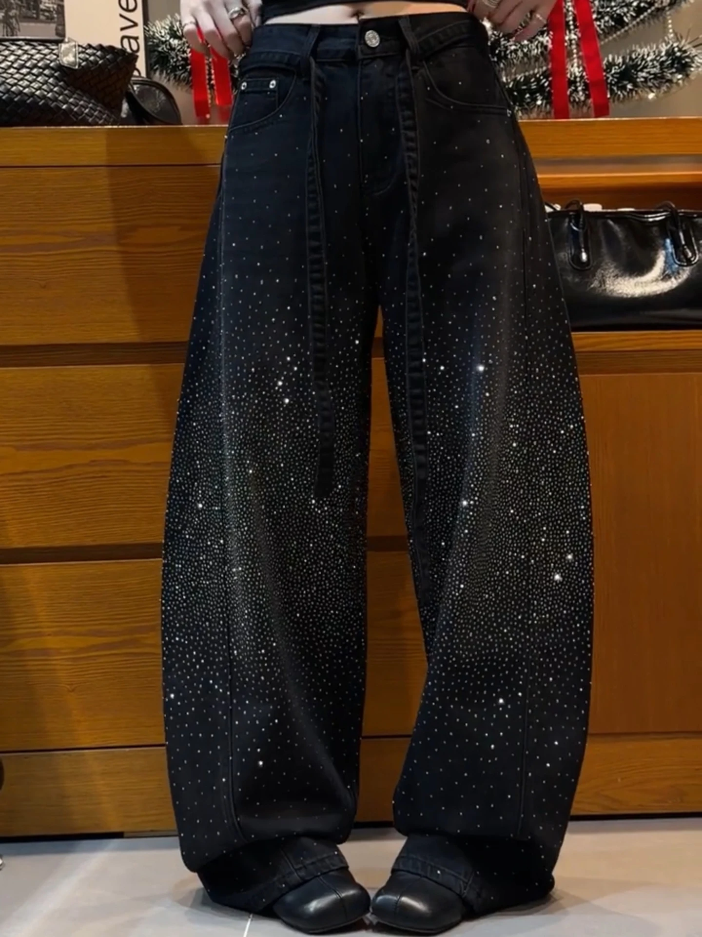 

Retro American Large Size Sequin Splicing Denim Pants Women's Spicy Design Loose Lazy Wide Leg Long Trousers High Waist Jeans