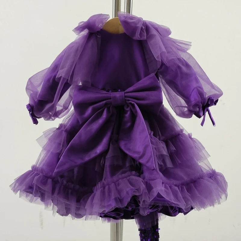 Real Photo Flower Girl Dresses Green Purple Modest O-neck Full Sleeves Zipper A-line Floor Length Kids Gown Customization MT013