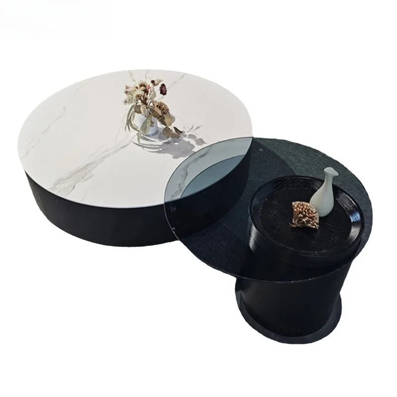 Rock slab round coffee table combination, simple light luxury north white black coffee table, tempered glass edge table living r