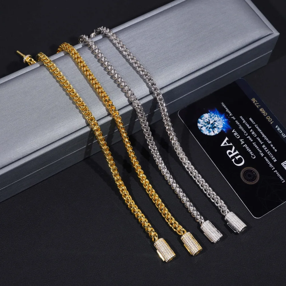 

4mm D Color Moissanite Franco Chain Necklace Stainless Steel Hiphop Rock Men Silver Buckle Mosan Diamond Link Necklaces Bracelet
