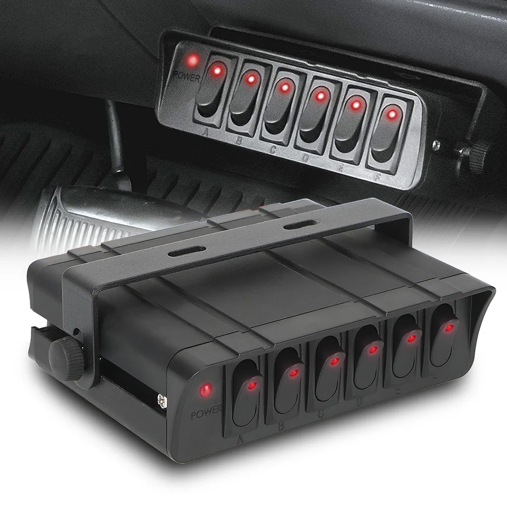 6 Gang Rocker Switch Box for Cars Vehicles Caravan with LED Light Indicator Switch Panel 12-24V 20A