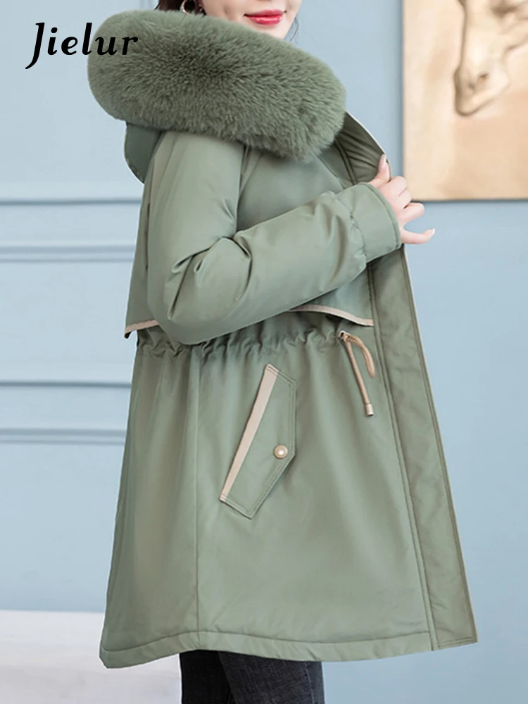 Jielur Green Hooded Drawstring Slim Waist Female Parkas Korean Fashion Pocket Thick Warm Basic Simple Solid Color Women Parkas