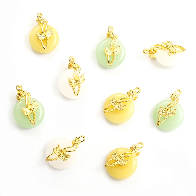 10pcs Imitation Jade Dragonfly Design Lucky Buckle Charms Chinese Style Men Women Necklace Earrings Amulets Glass Alloy Pendants