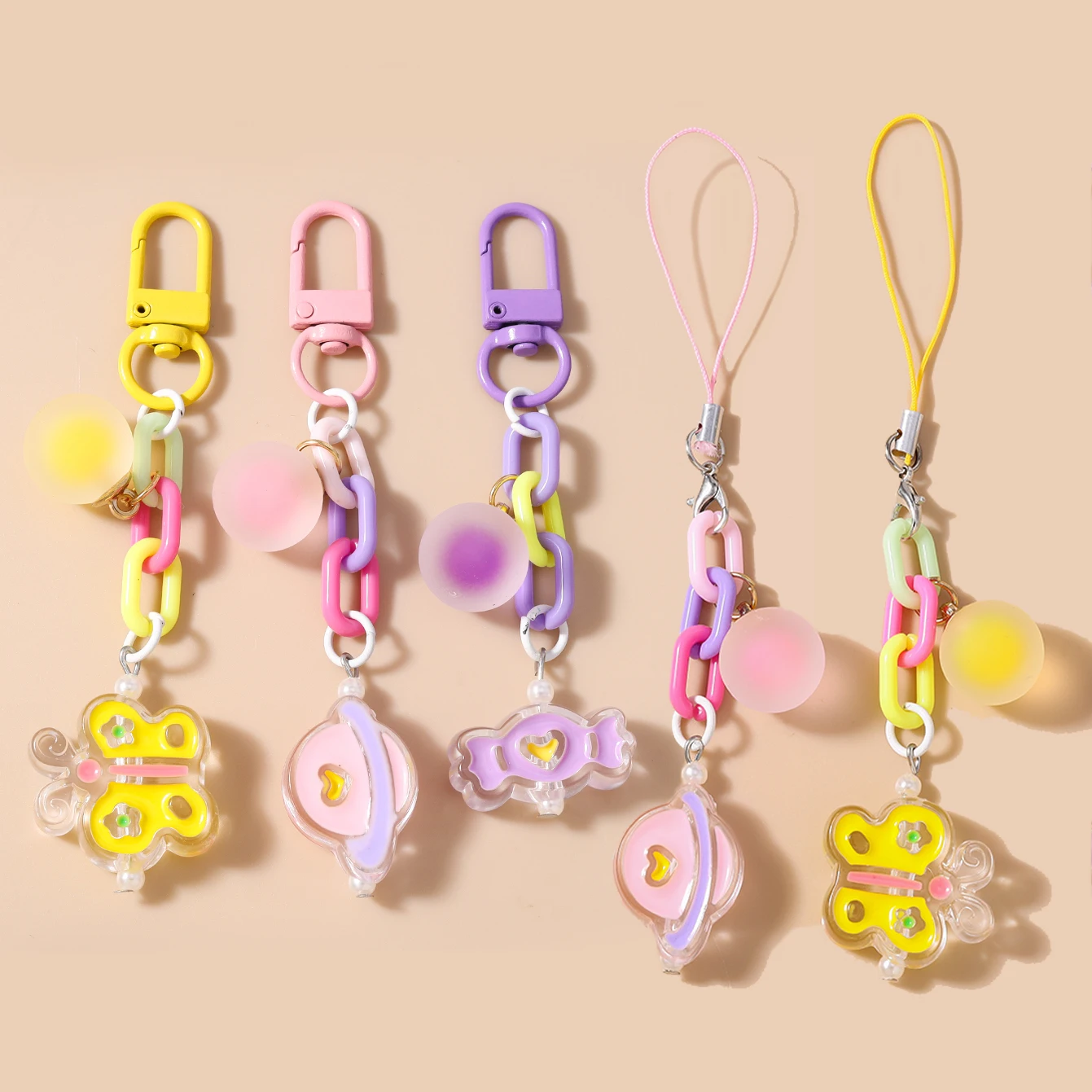 

Aihua Sweet Ball Candy Earth Butterfly Phone Chain Hanging Phone Strap Handmade DIY Keychain Women Mobile Lanyard Jewelry Gifts