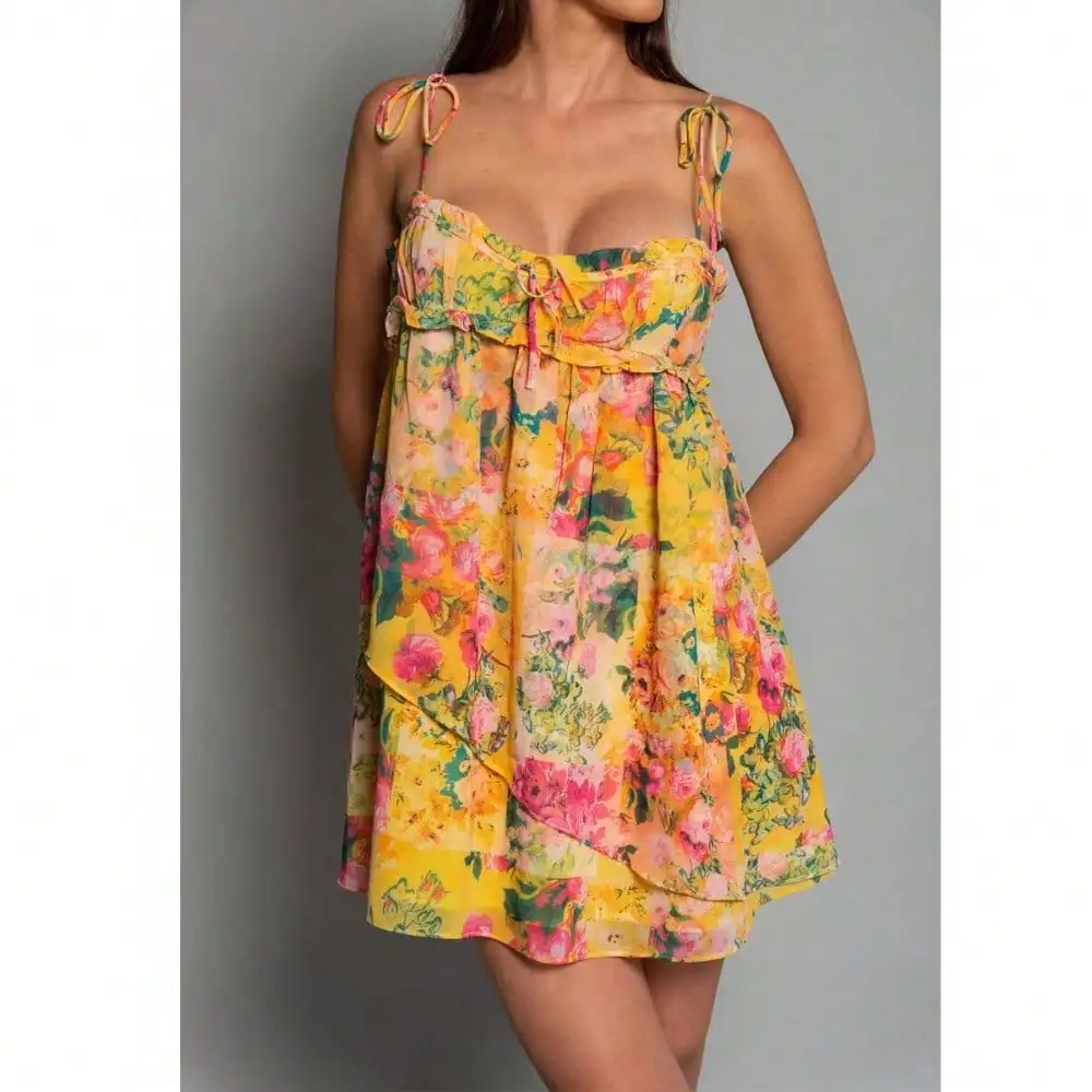 Women Boho Floral Mini Cami Dress Spaghetti Strap Flowy Sling Dress Graphic Backless Summer Holiday Sundress