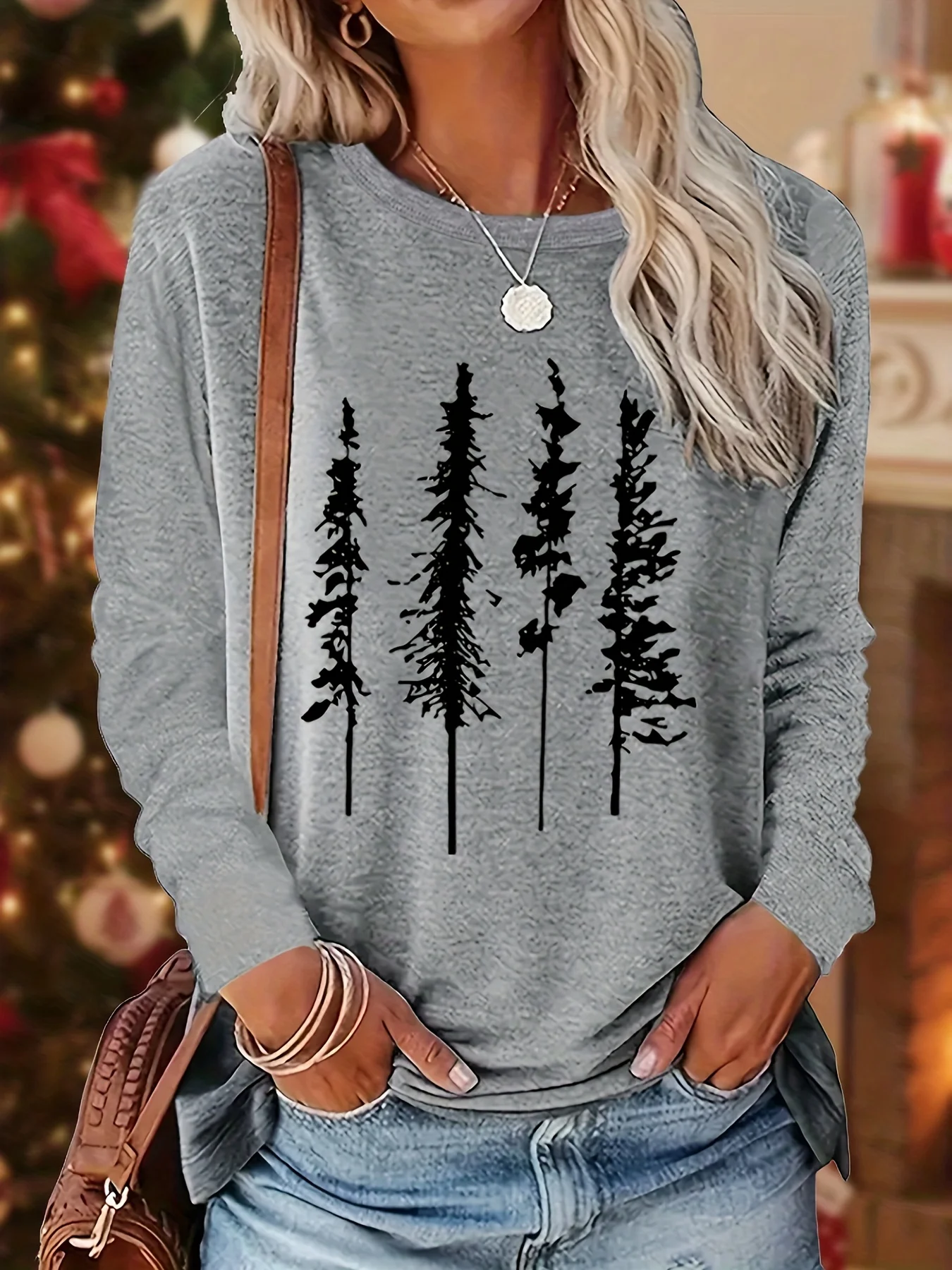 تي شيرت نسائي للربيع والخريف 100% من القطن الخالص غير رسمي فضفاض بطباعة صنوبر هندسية ورقبة دائرية وأكمام طويلة