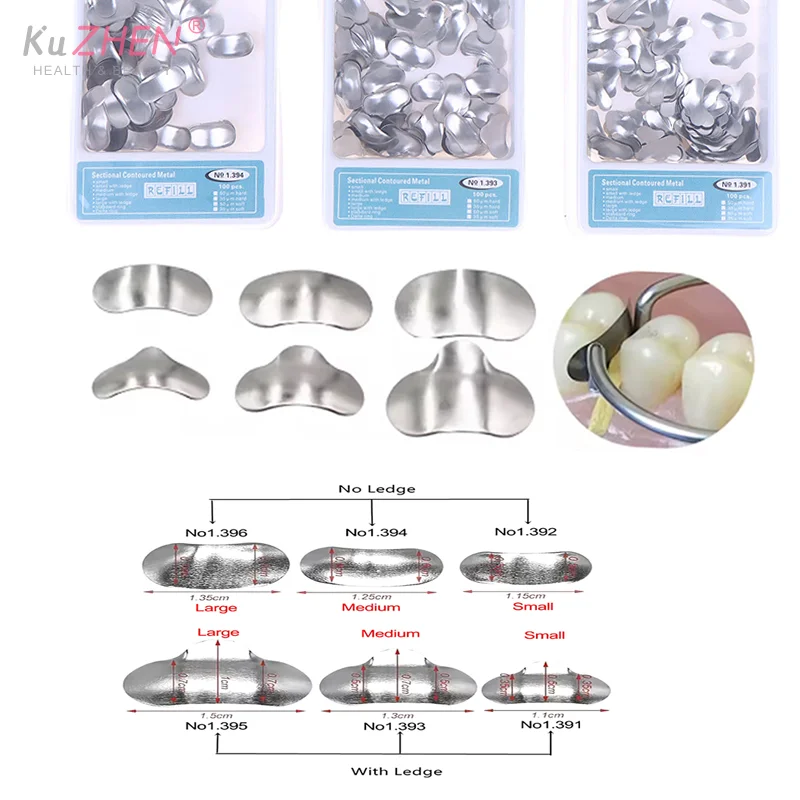 

100 шт./кор. ленты для стоматологических матриц, секционные контурные матрицы, комплект ремешков, 6 типов, металлические кольца, материалы для стоматологической лаборатории, нержавеющая сталь