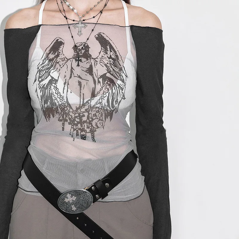 Retro Spicy Girl Style Printed Mesh Top Gothic Dark Style Fashionable Women's Fashion Trend Summer New Item