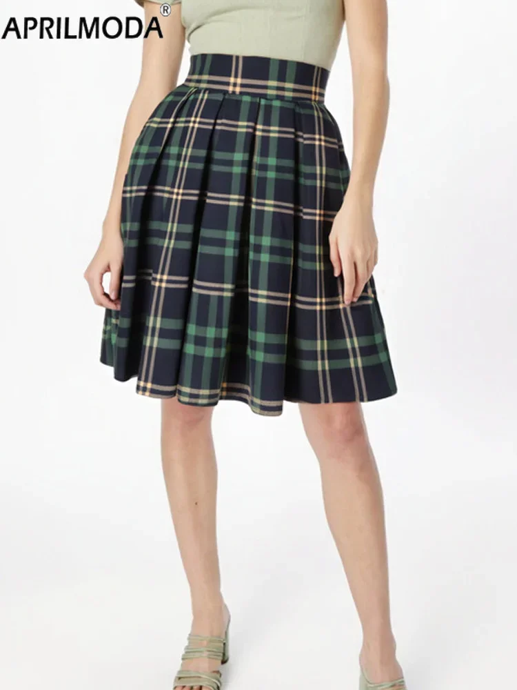 High Waist 1950s Dance for Costume Party Skirts 2025 New Arrivals Green Plaid Print Short Pleated Skirt