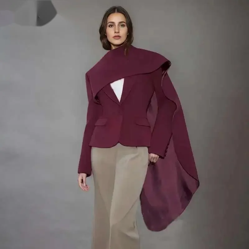 DAET Fashion Wine Red Irregular Scarf Spliced Blazer Women's Lapel Loose Fit Long Sleeve Suit Jacket New  1DNKYT