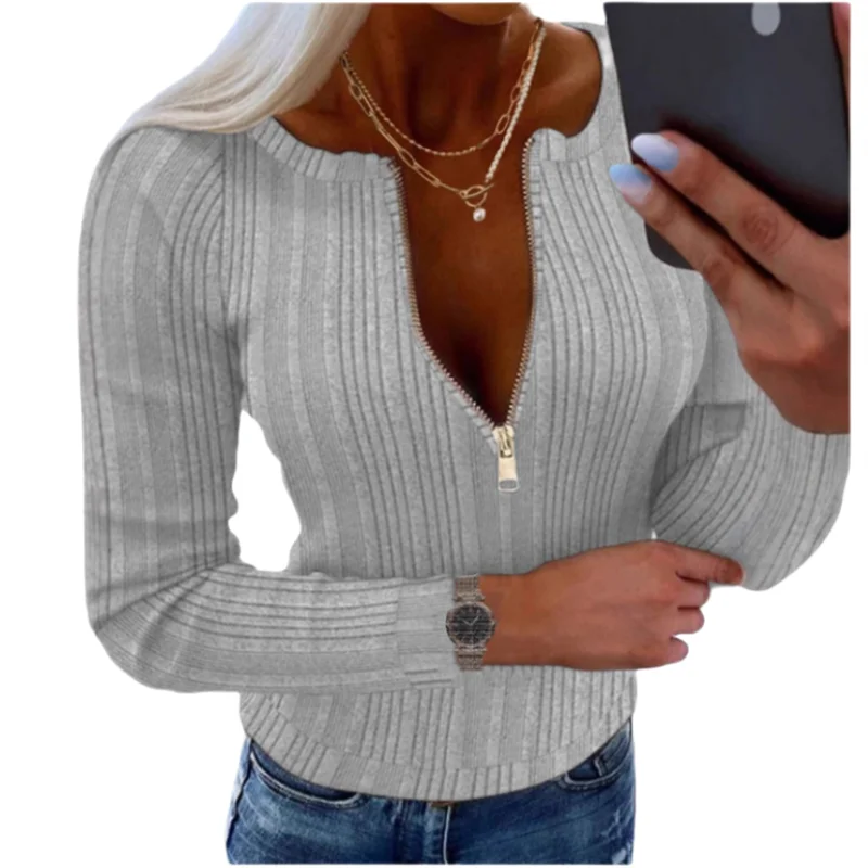 Damen-T-Shirt mit Reißverschluss, V-Ne, Herbst-Winter, schmale Passform, lässig, lang, S Sve-Top, Damen, Faion, Basic, Farbe irt