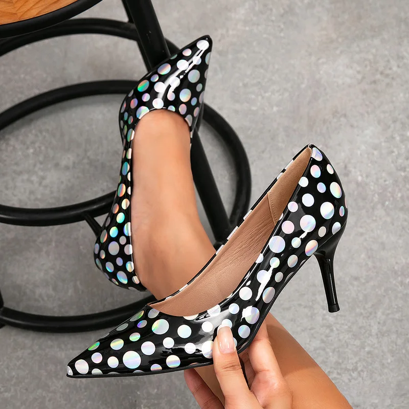 Women's Gold-plated Leather Thin Round Dot Decorate High Heels Sexy Fashion Pointy Toe Party Pumps Slip On Stilettos Shoes