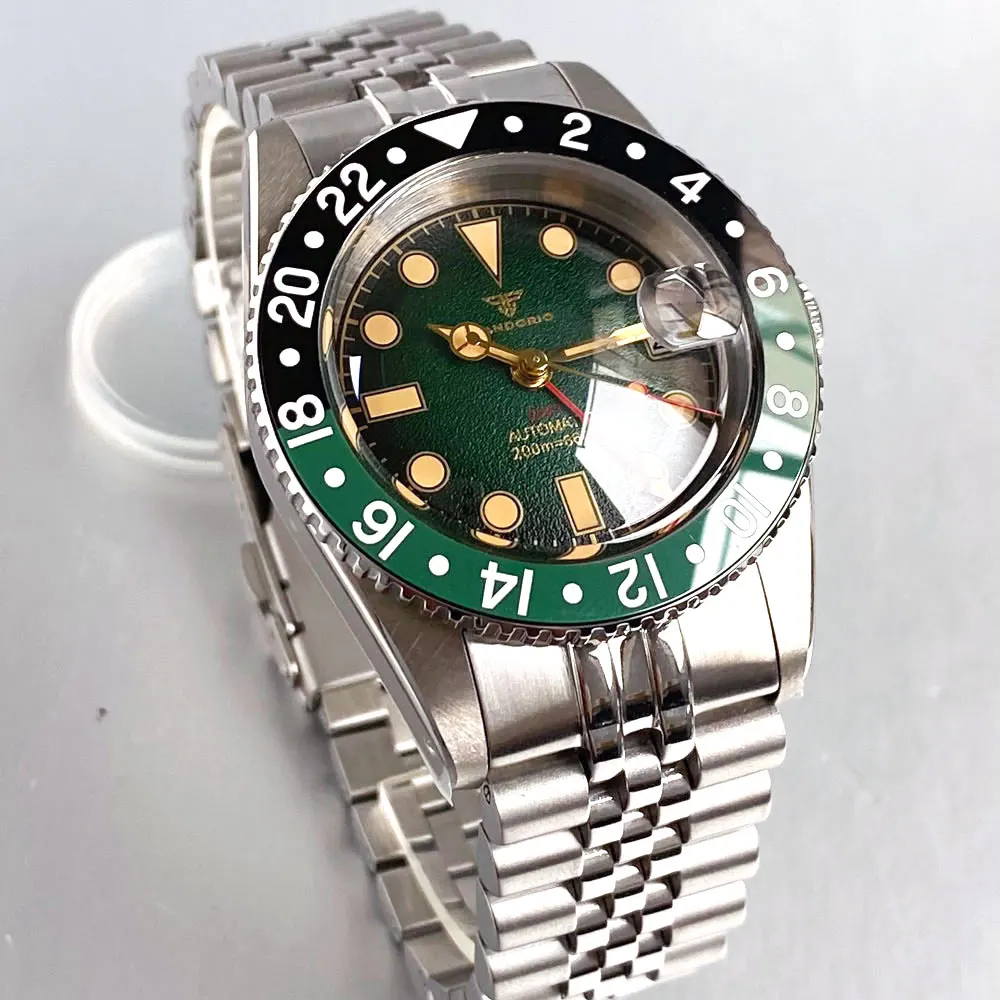 Tandorio Bubble с сапфировым стеклом 38 мм NH34 GMT автоматические часы мужские 200 м водонепроницаемые матовые текстуры зеленый циферблат Lume стальной браслет