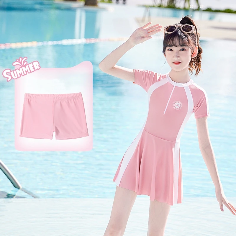 Girls UPF50+UV Protection Short Sleeve WaterProof Bathing SwimWear Kids One Piece Athletic Long Sleeve Surfing Beach Swim Skirts