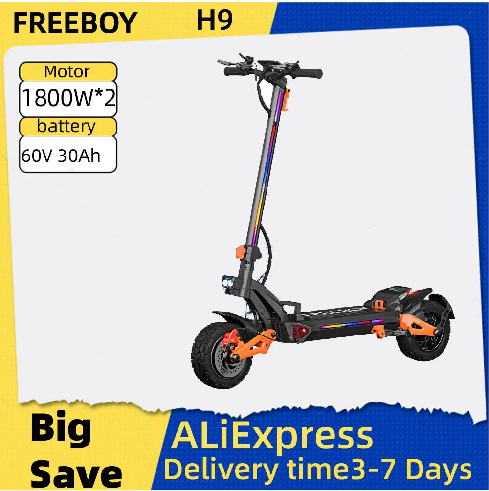 

FREEBOY H9 Adult Electric Scooter 1800W*2 Motor, 60V 30AH Battery Folding E-Scooter 11 Fat Tire E-Mountain Scooter