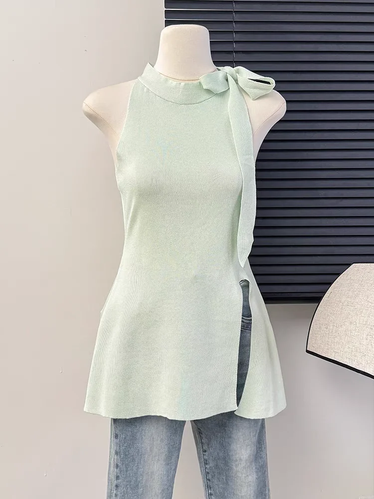 Solid Knit Thin T shirts Girls Slim Bowknot Halter Neck Off-shoulder Camisole Tops Tees Summer Female Tanks Sleeveless