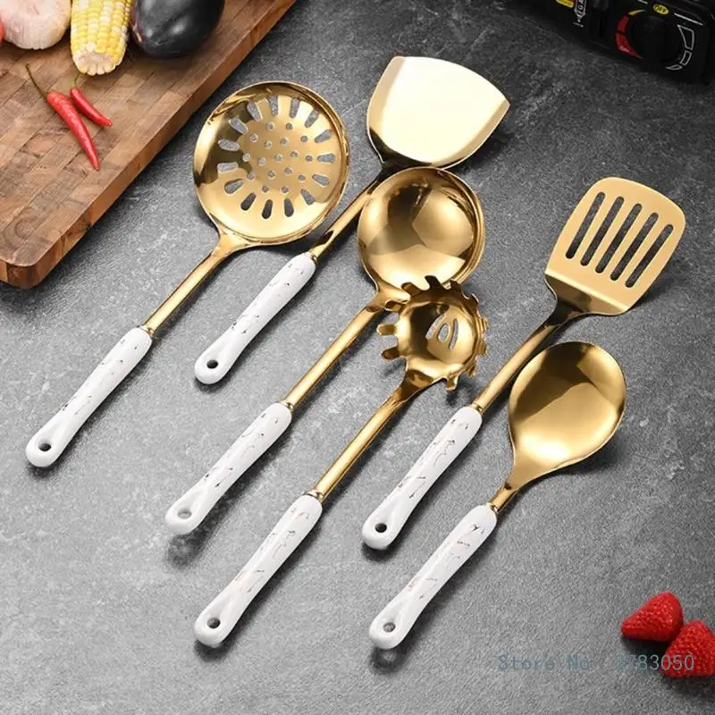 7Pcs Cooking Utensils Set Stainless Steel Slotted Soup Laddle Solid Spoons Slotted Spoons Kitchen Utensils Set