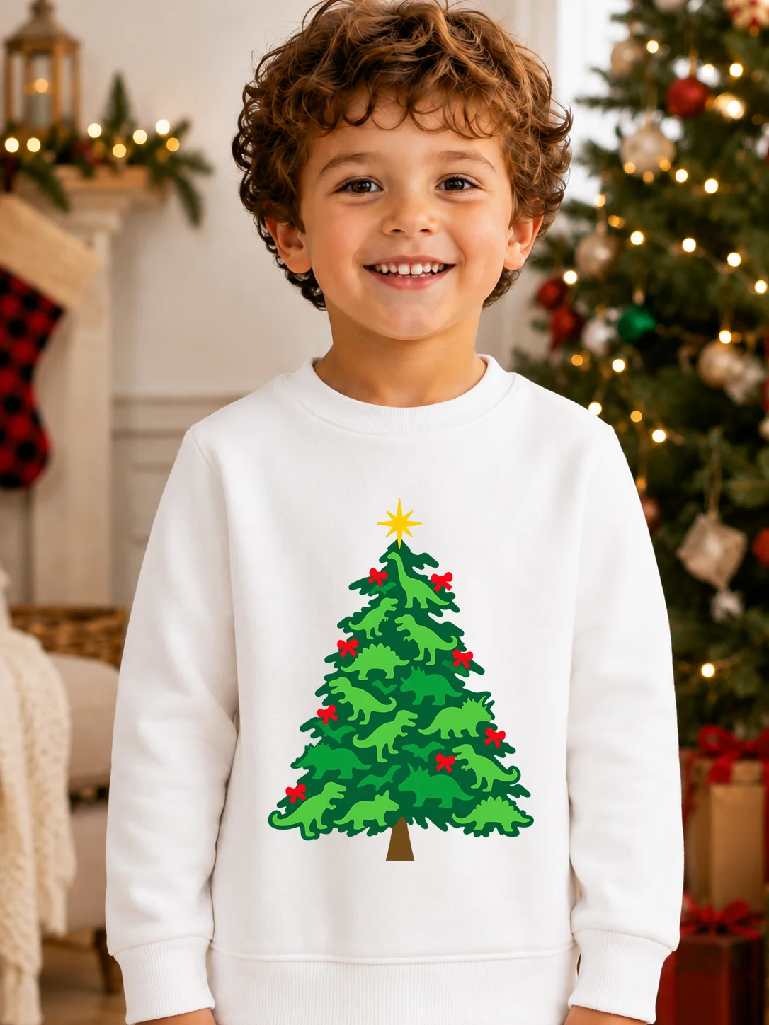 Christmas Kids Crew Neck Sweatshirt Dinosaur Christmas Tree Creative Print Boys Long Sleeve Pullover Toddler Holiday Top