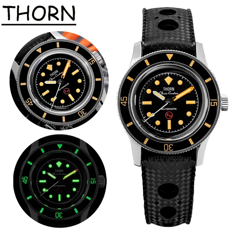 Thorn T008 Vintage Watch 50-Fathoms Titanium Case PT5000 Movement 20ATM Waterproof Sapphire Glass Luminous 38mm Diver Watches