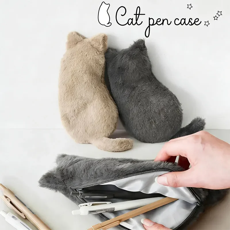 Cute Plush cat Shaped Pen Case, Soft Touch Lightweight Large Capacity Stationery Storage Bag Multi-Functional  FX5735