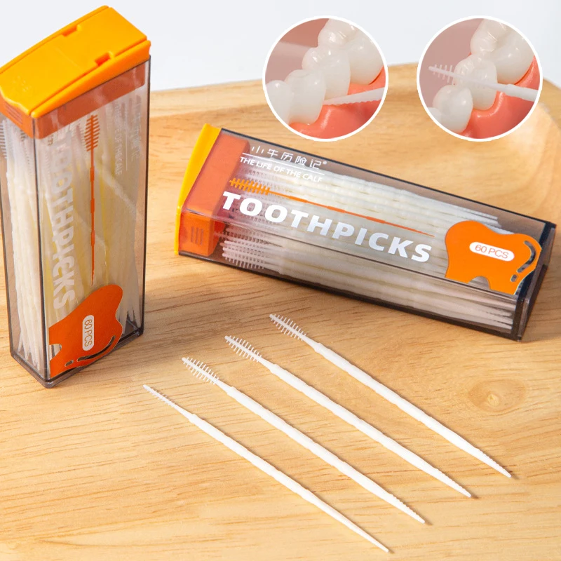 Household Set Of 60pcs/box Plastic Toothpick Brush Double Heads,suitable Business Portable Interdental Brush Oral Cleaning Tools