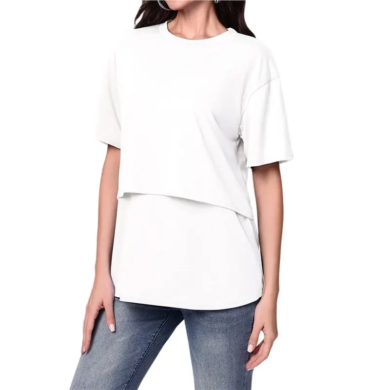 FBIL-Women's Maternity Shirts Short Sleeves Tops Double Laye Breastfeeding Tees Pregnancy White S