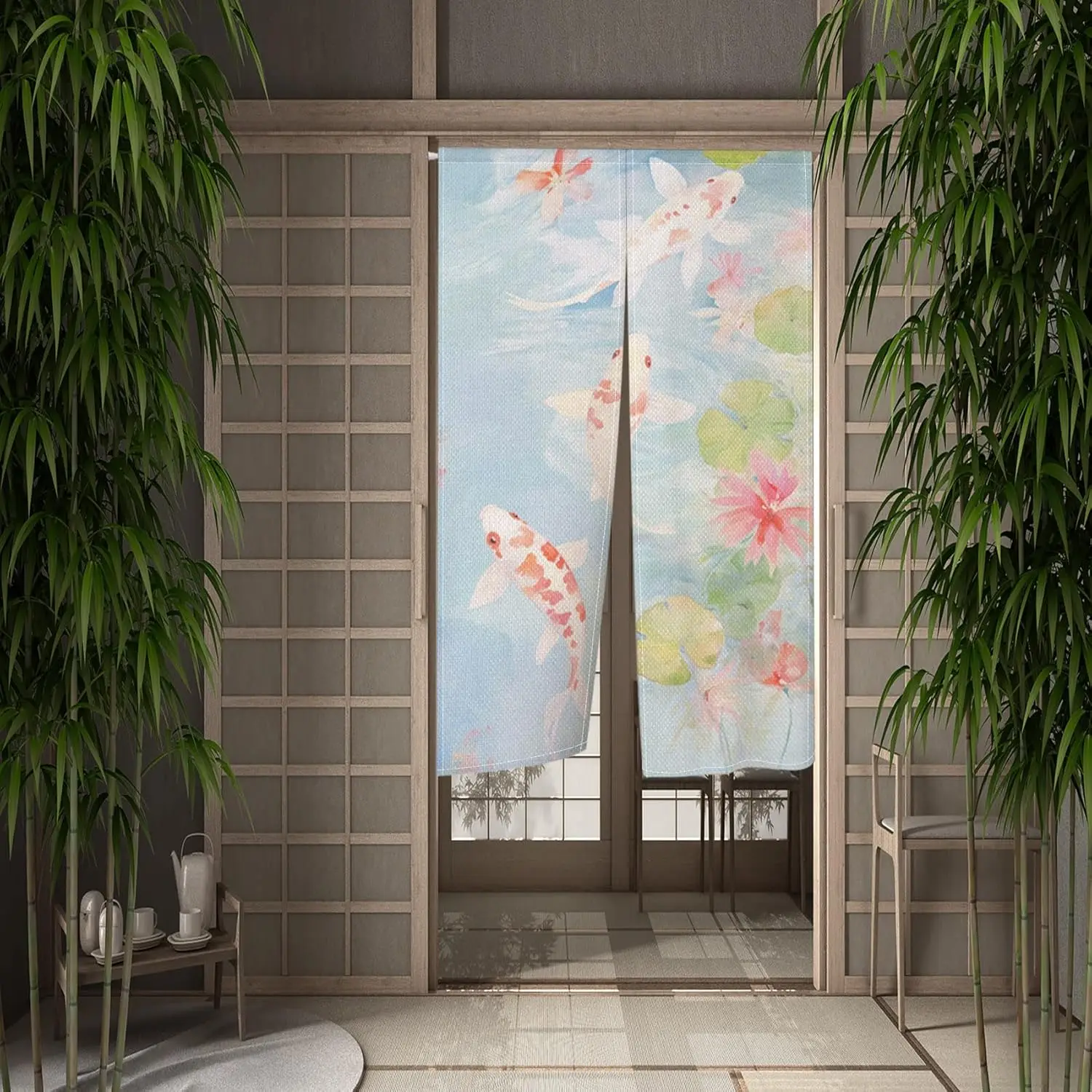 Japanese Doorway Curtain Chinese Traditional Lotus Fish Printed Style Door Curtain Feng Shui Tapestry Window Bedroom